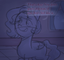 Size: 735x688 | Tagged: safe, anonymous artist, pipp petals, pegasus, pony, series:misty pov, g5, chubby, curtains, dialogue, eyebrows, eyebrows visible through hair, female, folded wings, implied misty brightdawn, limited palette, looking at someone, mane melody (location), mare, offscreen character, raised hoof, solo, window, wings
