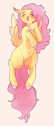 Size: 805x1876 | Tagged: safe, artist:kiychain, fluttershy, pegasus, pony, g4, beige background, blushing, butt wings, colored eyebrows, colored hooves, cute, eyes closed, female, mare, open mouth, open smile, shyabetes, simple background, smiling, solo, spread wings, wings
