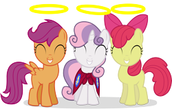 Size: 7000x4441 | Tagged: safe, artist:canon-lb, apple bloom, scootaloo, sweetie belle, earth pony, pegasus, pony, unicorn, g4, season 1, stare master, ^^, adorabloom, apple bloom's bow, bow, cape, clothes, cmc cape, cute, cutealoo, cutie mark crusaders, cutie mark cuties, daaaaaaaaaaaw, diasweetes, eyes closed, female, filly, foal, grin, hair bow, halo, simple background, smiling, transparent background, trio, trio female, vector