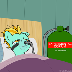 Size: 900x900 | Tagged: safe, artist:unitxxvii, lightning dust, pegasus, pony, g4, air tank, bed, copium, female, hospital bed, karma, meme, sick, solo