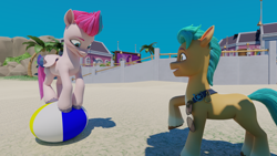 Size: 3840x2160 | Tagged: safe, artist:raindashesp, hitch trailblazer, pipp petals, zipp storm, earth pony, pegasus, pony, g5, 3d, badge, balancing, beach, beach ball, billboard, bouncing, cliff, coat markings, duo focus, female, high res, house, i can't believe it's not hasbro studios, looking at someone, looking at something, looking down, male, mare, maretime bay, open mouth, open smile, pale belly, palm tree, playing, raised hoof, sand, sash, ship:stormblazer, shipping, smiling, socks (coat markings), stallion, straight, sunglasses, tree, unshorn fetlocks