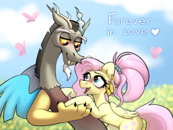 Size: 2160x1620 | Tagged: safe, artist:rtootb, discord, fluttershy, draconequus, pegasus, pony, g4, closed mouth, cloud, cloudy, cute, digital art, duo, fangs, female, flower, fluttershy day, folded wings, happy, heart, heart eyes, holding hooves, horns, in love, looking at each other, looking at someone, looking up, love, male, male and female, mare, older, older fluttershy, open mouth, open smile, paws, relationship, ship:discoshy, shipping, simple background, sketch, smiling, smiling at each other, spread wings, straight, text, wingding eyes, wings