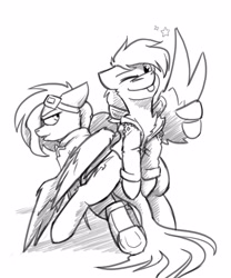 Size: 2500x3000 | Tagged: safe, artist:captainhoers, oc, oc only, oc:atom smasher, oc:high flyer, pegasus, pony, duo, feather fingers, goggles, goggles on head, grayscale, high res, looking at you, looking back, monochrome, simple background, smiling, smiling at you, tongue out, white background, wing gesture, wing hands, wings