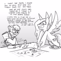 Size: 3000x3000 | Tagged: safe, artist:captainhoers, oc, oc only, oc:princess poutine, alicorn, goat, pony, cheese, dialogue, duo, female, food, french fries, glasses, grayscale, grin, high res, hoof hold, male, mare, monochrome, smiling, tabletop game