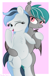 Size: 2650x3976 | Tagged: safe, artist:rainbowšpekgs, oc, oc only, oc:haze northfleet, oc:malachite cluster, bat pony, pegasus, pony, bat pony oc, bedroom eyes, belly, belly button, bipedal, chest fluff, chubby, cute, duo, female, high res, male, mare, open mouth, pegasus oc, pubic mound, shipping, smiling, stallion, straight