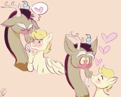 Size: 2048x1640 | Tagged: safe, artist:merbunny, discord, oc, oc:exist, draconequus, griffequus, hippogriff, hybrid, pony, g4, blushing, canon x oc, cute, duo, gay, heart, heart eyes, kissing, male, paws, shipping, simple background, wingding eyes, wings, yellow background