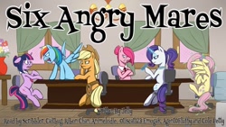 Size: 1280x720 | Tagged: safe, artist:kathana-da, applejack, fluttershy, pinkie pie, rainbow dash, rarity, twilight sparkle, earth pony, pegasus, pony, unicorn, fanfic:six angry mares, g4, 12 angry men, 2017, alternate universe, angry, applejack's hat, bowtie, bun hairstyle, chair, chandelier, colored pupils, cowboy hat, crossed arms, fanfic art, female, flower, flower in hair, freckles, glasses, hat, hiding behind wing, mane six, mare, office chair, pinkamena diane pie, ponytail, scared, table, thumbnail, unicorn twilight, vase, window, wings, youtube link