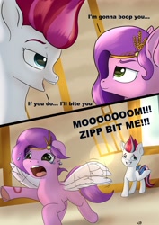 Size: 2480x3508 | Tagged: safe, artist:playful wings, pipp petals, zipp storm, pegasus, pony, g5, 2 panel comic, abuse, bite mark, comic, crying, diadem, dialogue, duo, female, filly, filly pipp petals, filly zipp storm, flapping wings, foal, frog (hoof), high res, implied boop, implied queen haven, jewelry, lens flare, open mouth, petalbuse, royal sisters (g5), sheepish grin, siblings, sisters, this ended in pain, this ended in tears, this will end in grounding, tiara, underhoof, wings, younger, zephyr heights