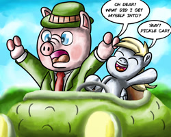 Size: 1280x1024 | Tagged: safe, artist:saburodaimando, derpy hooves, pegasus, pig, pony, g4, car, crossover, dialogue, duo, mr. frumble, scared, the busy world of richard scarry, varying degrees of amusement, varying degrees of want