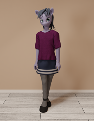 Size: 1680x2160 | Tagged: safe, artist:cicada bluemoon, oc, oc only, oc:cicada bluemoon, anthro, 3d, anthro oc, clothes, crossdressing, femboy, looking at you, male, room, shirt, shoes, skirt, socks, solo, stockings, t-shirt, thigh highs