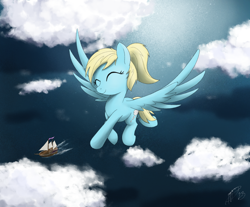Size: 1302x1080 | Tagged: safe, artist:brisineo, oc, oc only, oc:steam cloud, pegasus, pony, cloud, eyes closed, flying, ocean, ponytail, ship, signature, smiling, solo, water