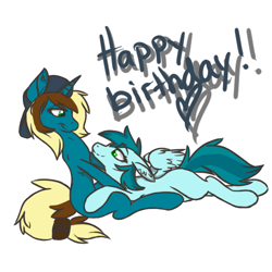 Size: 500x500 | Tagged: safe, artist:lion-sister, oc, oc only, pegasus, pony, unicorn, duo, happy birthday, simple background, white background