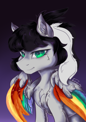 Size: 1754x2480 | Tagged: safe, artist:dankpegasista, derpibooru exclusive, oc, oc only, oc:lunar dash, pegasus, pony, bangs, black and white, black and white mane, black hair, bust, chest fluff, colored lineart, colored wings, cross, digital art, ear fluff, feathered wings, female, fluffy hair, folded wings, fully shaded, gradient background, gray coat, grayscale, green eyes, high res, highlights, krita, long eyelashes, long mane, looking at you, monochrome, multicolored wings, pegasus oc, ponytail, portrait, rainbow wings, shading, signature, sitting, smiling, smiling at you, smirk, solo, tattoo, waist up, wall of tags, wavy mane, white hair, wingding eyes, wings