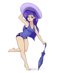 Size: 2110x2575 | Tagged: safe, artist:aquaticvibes, princess luna, human, g4, barefoot, breasts, cleavage, clothes, feet, female, hat, high res, humanized, one-piece swimsuit, simple background, solo, swimsuit, umbrella, white background