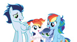 Size: 1280x703 | Tagged: safe, artist:marrayala, rainbow dash, soarin', oc, oc:cirrus cloud, oc:myriad shado, pegasus, pony, g4, base used, colt, family, female, filly, foal, male, mare, offspring, open mouth, parent:rainbow dash, parent:soarin', parents:soarindash, pegasus oc, ship:soarindash, shipping, signature, simple background, smiling, stallion, straight, transparent background, watermark