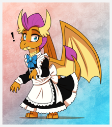 Size: 1105x1254 | Tagged: safe, artist:inuhoshi-to-darkpen, smolder, dragon, g4, clothes, commission, dragoness, exclamation point, female, gradient background, looking at you, maid, solo