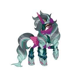 Size: 2812x2750 | Tagged: safe, artist:skye-the-ferret, oc, oc only, oc:arcana shadows, alicorn, pony, alicorn oc, armor, blushing, colored wings, crown, eyeshadow, female, folded wings, grin, helmet, high res, hoof shoes, horn, jewelry, looking at you, makeup, mare, markings, multicolored hair, multicolored wings, raised hoof, regalia, simple background, smiling, smiling at you, solo, transparent background, wings