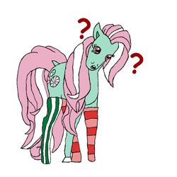 Size: 992x992 | Tagged: safe, artist:peacepetal, minty, earth pony, pony, a charming birthday, g3, clothes, dock, female, head tilt, hoers, mare, mismatched socks, missing accessory, open mouth, question mark, rectangular pupil, scene interpretation, simple background, socks, solo, striped socks, tail, traditional art, white background