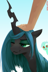 Size: 2000x2996 | Tagged: safe, artist:some_ponu, lyra heartstrings, queen chrysalis, changeling, human, pony, unicorn, g4, gradient background, hand, heart, heart eyes, high res, human and pony, human on pony petting, offscreen character, offscreen human, one eye closed, petting, signature, solo focus, that pony sure does love humans, wavy mouth, wingding eyes