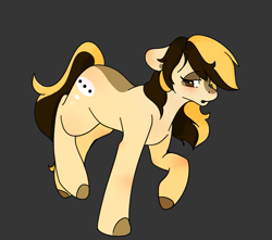 Size: 1243x1097 | Tagged: safe, artist:wifflethecatboi, oc, oc only, oc:chat, earth pony, pony, blonde hair, blonde mane, blonde tail, blushing, brown eyes, brown hair, brown mane, brown tail, chest blush, colored hooves, downturned ears, ear blush, earth pony oc, eye clipping through hair, eyeshadow, knee blush, long mane, long tail, makeup, puffy cheeks, sick, simple background, solo, tail, two toned mane, two toned tail, walking