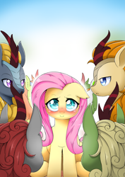 Size: 4299x6071 | Tagged: safe, artist:abyssalrabbit, fluttershy, kirin, pegasus, pony, g4, blushing, female, floppy ears, gradient background, mare, sitting, surrounded