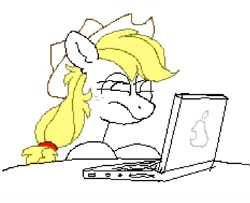 Size: 814x661 | Tagged: safe, artist:pink-pone, applejack, earth pony, pony, g4, bust, computer, frown, laptop computer, monochrome, simple background, sitting, solo, white background