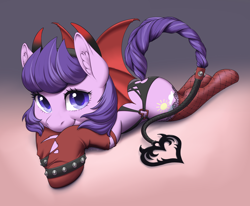Size: 4250x3500 | Tagged: safe, artist:taytinabelle, derpibooru exclusive, clear skies, pegasus, pony, succubus, g4, adorasexy, bat wings, braid, braided tail, clothes, commission, costume, cute, devil costume, dock, ear fluff, female, fishnet stockings, gradient background, horns, lingerie, looking at you, lying down, mare, prone, sexy, smiling, socks, solo, spiked wristband, tail, torn clothes, wings, wristband