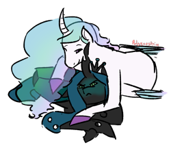 Size: 1063x945 | Tagged: safe, artist:polyquestria, princess celestia, queen chrysalis, alicorn, changeling, changeling queen, pony, g4, blushing, duo, female, green blush, horn, lesbian, ship:chryslestia, shipping, signature, simple background, transparent background, tsundere, what if, wings