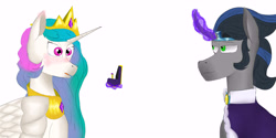 Size: 6000x3000 | Tagged: safe, artist:sh4deshad0w41, king sombra, princess celestia, alicorn, pony, unicorn, g4, blushing, curved horn, duo, duo male and female, ear blush, female, glowing, glowing horn, good king sombra, horn, jewelry, looking at each other, looking at someone, magic, magic aura, male, marriage proposal, regalia, ring, ship:celestibra, shipping, simple background, smiling, sparkly eyes, straight, telekinesis, white background, wingding eyes