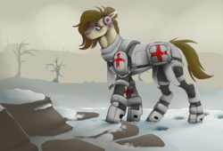 Size: 832x565 | Tagged: safe, artist:scruph, oc, oc only, oc:dusty heartwood, earth pony, pony, fallout equestria, armor, blue eyes, brown mane, clothes, dead tree, doctor, earmuffs, medic, red cross, scarf, snow, solo, tree, wasteland