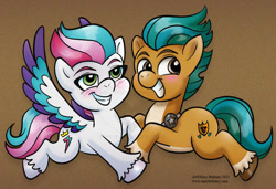 Size: 800x546 | Tagged: safe, artist:marybellamy, hitch trailblazer, zipp storm, earth pony, pegasus, pony, g5, blushing, chibi, duo, duo male and female, female, male, mare, ship:stormblazer, shipping, smiling, spread wings, stallion, straight, teeth, wings