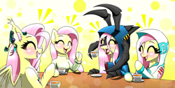 Size: 3400x1708 | Tagged: safe, artist:questionmarkdragon, fluttershy, bat pony, hybrid, pegasus, pony, g4, ^^, bat ponified, blushing, clothes, cup, cute, ear fluff, ear piercing, earring, emanata, eyes closed, female, flutterbat, flutterfelix, flutterhive, food, gradient background, hoodie, jewelry, mare, masked fluttershy, multeity, open mouth, open smile, piercing, race swap, shyabetes, smiling, so much flutter, sweater, tea, tea party, teacup