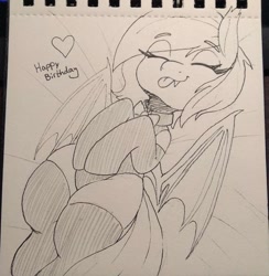 Size: 660x676 | Tagged: safe, artist:lockheart, oc, oc only, oc:lucky roll, bat pony, pony, bowtie, clothes, eyes closed, female, heart, leotard, lying down, mare, monochrome, on back, solo, stockings, thigh highs, tongue out, traditional art