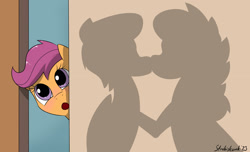 Size: 2486x1514 | Tagged: safe, artist:strebiskunk, aunt holiday, auntie lofty, scootaloo, pegasus, pony, g4, female, filly, foal, kiss on the lips, kissing, lesbian, married couple, married couples doing married things, offscreen character, open mouth, peeping, reacting to nudity, shadow, ship:lofty day, shipping, signature