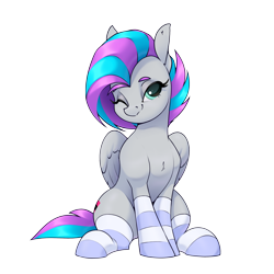 Size: 3200x3200 | Tagged: safe, artist:aquaticvibes, oc, oc only, oc:vapourwave, pegasus, pony, clothes, female, high res, mare, one eye closed, simple background, sitting, socks, solo, striped socks, transparent background, wink
