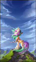 Size: 1387x2360 | Tagged: safe, artist:ramiras, oc, oc only, oc:armistice, pony, unicorn, armor, body armor, clothes, cloud, commission, concave belly, crown, female, grass, guardsmare, horn, jewelry, looking up, mare, mountain, not celestia, regalia, royal guard, scarf, scenery, signature, sky, slender, solo, standing, striped scarf, tail, thin, unicorn oc, windswept hair, windswept mane, windswept tail