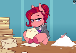 Size: 1023x706 | Tagged: safe, artist:redxbacon, oc, oc only, oc:claret, earth pony, pony, colored hooves, elbow fluff, envelope, female, hair bun, licking, licking envelope, lidded eyes, looking at you, mail, mare, measuring cup, purple eyes, solo, tongue out, unshorn fetlocks
