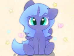 Size: 4000x3000 | Tagged: safe, artist:zokkili, princess luna, alicorn, pony, g4, beanbrows, cute, eyebrows, female, filly, heart, high res, horn, looking at you, signature, sitting, smiling, smiling at you, solo, underhoof, wings, woona, younger
