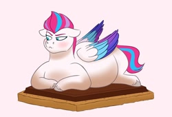 Size: 1080x734 | Tagged: safe, artist:bella-pink-savage, zipp storm, pegasus, pony, g5, :<, adorafatty, adorazipp, angry, belly, blushing, chocolate, colored wings, crumbs, cute, ears back, fat, female, folded wings, food, frown, graham cracker, grumpy, looking away, lying down, madorable, mare, multicolored mane, multicolored tail, multicolored wings, pink background, s'mores, simple background, solo, tail, unamused, unshorn fetlocks, weight gain, wings, zipp is a marshmallow, zipp slob, zipp storm is not amused