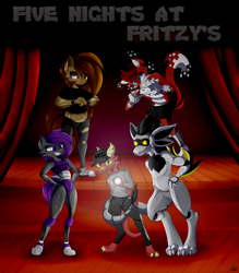 Size: 5000x5700 | Tagged: safe, artist:starmaster, oc, oc:fritzy, oc:matica, oc:pixel, oc:smidrak, oc:yan, avali, bat pony, dog, gynoid, kobold, original species, robot, robot pony, anthro, animatronic, anthro oc, female, five nights at freddy's, five nights at fritzy's, flashlight (object), guard, male, roboticization, shipping, smiling, stage, stare, straight, tail, tail wrap