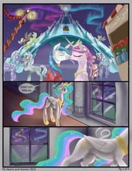 Size: 2550x3300 | Tagged: safe, artist:silfoe, princess cadance, princess celestia, shining armor, oc, alicorn, earth pony, pegasus, pony, unicorn, royal sketchbook, g4, armor, blushing, canterlot, clothes, comic, concave belly, crown, crystal empire, crystal guard, crystal guard armor, female, flower, flying, folded wings, hearts and hooves day, high res, jewelry, kissing, male, oc x oc, regalia, rose, ship:shiningcadance, shipping, slender, speech bubble, stallion, stand, straight, streetlight, thin, window, wings
