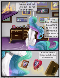 Size: 2550x3300 | Tagged: safe, artist:silfoe, princess celestia, oc, alicorn, earth pony, pony, unicorn, royal sketchbook, g4, canon x oc, child, comic, crown, crying, dresser, family, female, foal, folded wings, framed picture, high res, immortality blues, implied death, jewelry, parents:canon x oc, pillow, regalia, sitting, smiling, solo, spine, text, wings