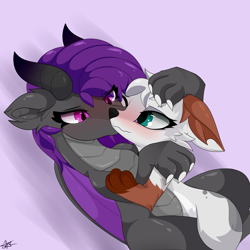 Size: 3100x3100 | Tagged: safe, artist:starmaster, oc, oc only, oc:becca, oc:fritzy, dragon, fox, fox pony, hybrid, blushing, cheek kiss, cuddling, duo, high res, hug, kissing, lying down