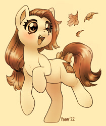 Size: 941x1122 | Tagged: safe, artist:pimmy, oc, oc only, oc:pumpkin patch, earth pony, pony, bow, female, leaves, mare, monochrome, open mouth, open smile, ponytail, simple background, smiling, solo, standing, standing on one leg, tail, tail bow