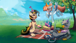 Size: 1280x720 | Tagged: safe, artist:astralblues, oc, oc only, oc:pearmare, oc:solstice breeze, classical hippogriff, griffon, hippogriff, pegasus, pony, cake, food, glasses, hat, male, party hat, picnic blanket, present, scenery, stallion, tree