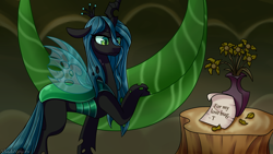 Size: 3840x2160 | Tagged: safe, artist:vladivoices, queen chrysalis, changeling, changeling queen, g4, concave belly, high res, implied chrysirek, implied lord tirek, implied shipping, letter, solo
