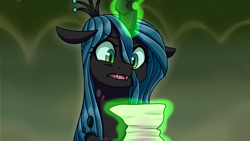 Size: 3840x2160 | Tagged: safe, artist:vladivoices, queen chrysalis, changeling, changeling queen, g4, female, high res, letter, magic, solo, telekinesis