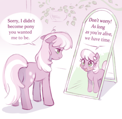 Size: 1290x1249 | Tagged: artist needed, safe, cheerilee, earth pony, pony, g4, blank flank, butt, cheeribetes, cute, dialogue, drawthread, featured image, female, filly, filly cheerilee, floppy ears, flower, flower in hair, foal, grammar error, looking at each other, looking at someone, mare, midlife crisis, mirror, open mouth, parody, plot, ponified, sad, sadorable, self paradox, self ponidox, speech bubble, talking, tired, younger