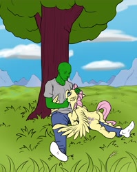 Size: 3184x4000 | Tagged: safe, artist:alcor, color edit, edit, fluttershy, oc, oc:anon, human, pegasus, pony, g4, butt, colored, cuddling, cute, drawthread, duo, grass, grass field, high res, hug, human male, human on pony snuggling, looking at each other, looking at someone, lying down, male, outdoors, plot, prone, relaxing, sitting, sitting on grass, snuggling, spread wings, tree, under the tree, wholesome, winghug, wings
