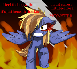 Size: 880x791 | Tagged: safe, artist:solixy406, oc, oc only, oc:cloudbreaker, pegasus, pony, angry, ears back, edgy, edgy as fuck, fire, lightning, lyrics, morbidly edgy, pegasus oc, scar, skillet (band), text